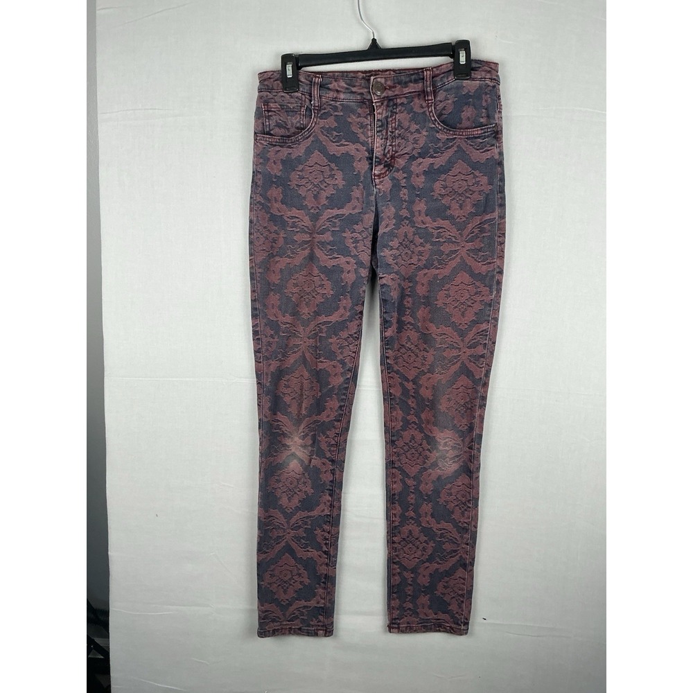 Amy Womens Jeans Size 6 Burgundy Black Damask Print Stretch Skinny Pants